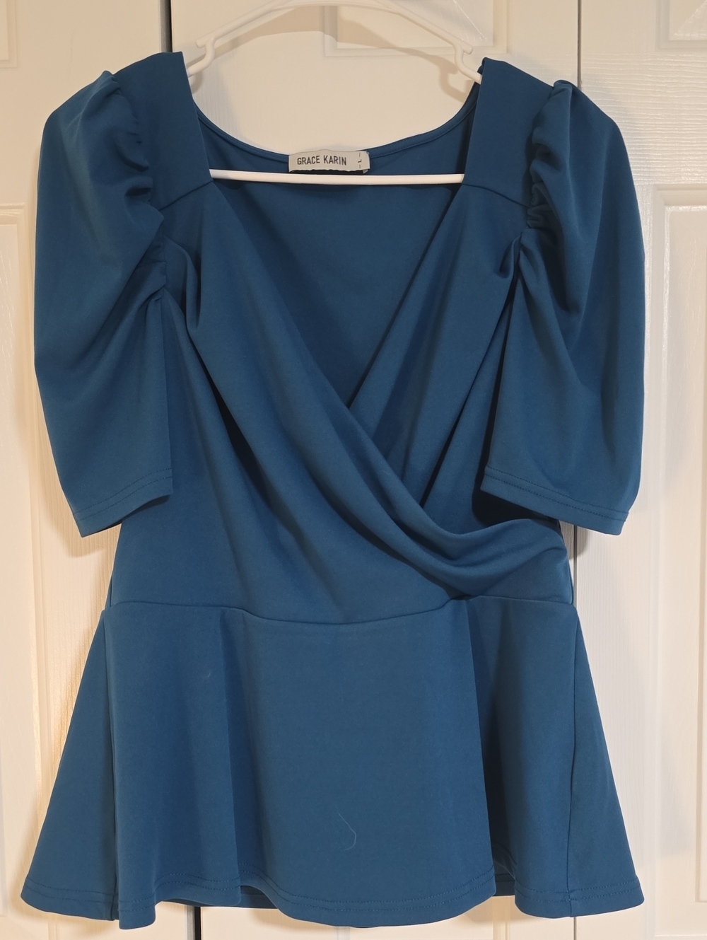 Grace Karin Teal Puff-Sleeve Peplum Wrap Top Dress